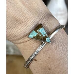 Vintage Navajo Sterling Silver Turquoise Triangle Cuff Bracelet Signed JB